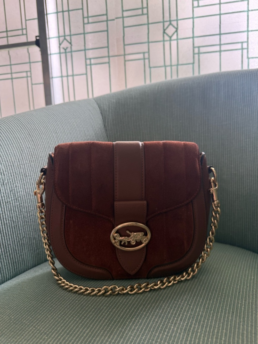 Coach Suede Leather Saddle Bag Brown Chain Strap Crossbody Vintage Style - Picture 2 of 3